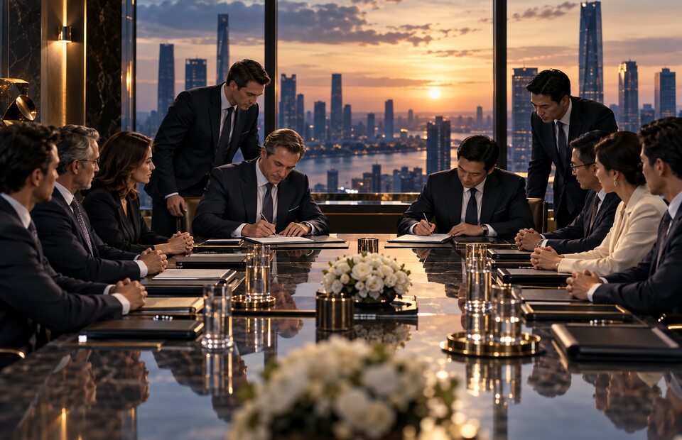 Executives from two companies signing a transaction