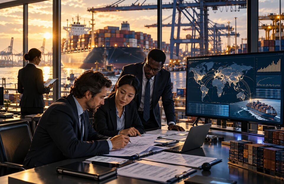 Trade finance team reviewing shipping documents beside a port