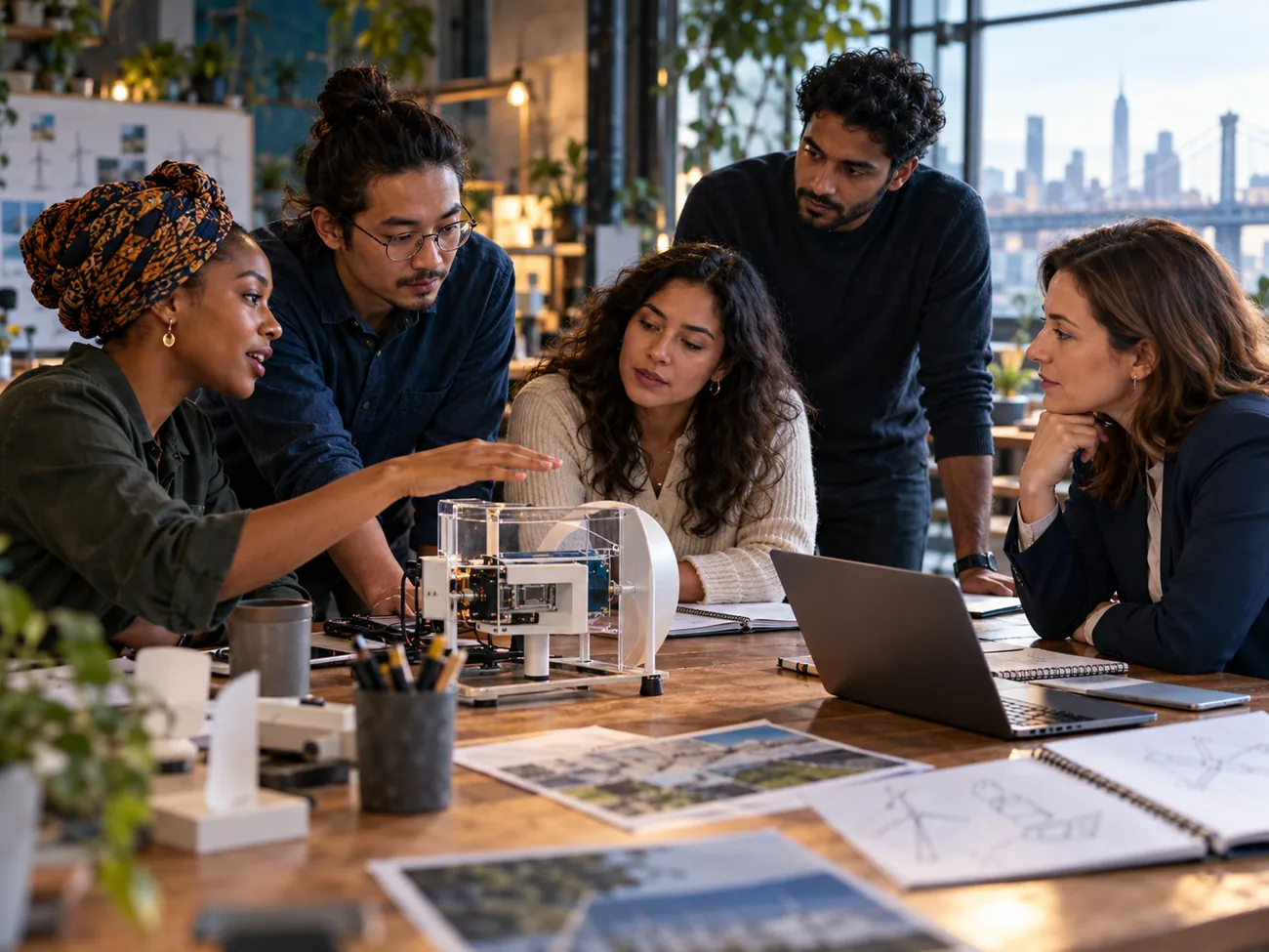 Diverse founders and adviser working through a prototype and venture plans