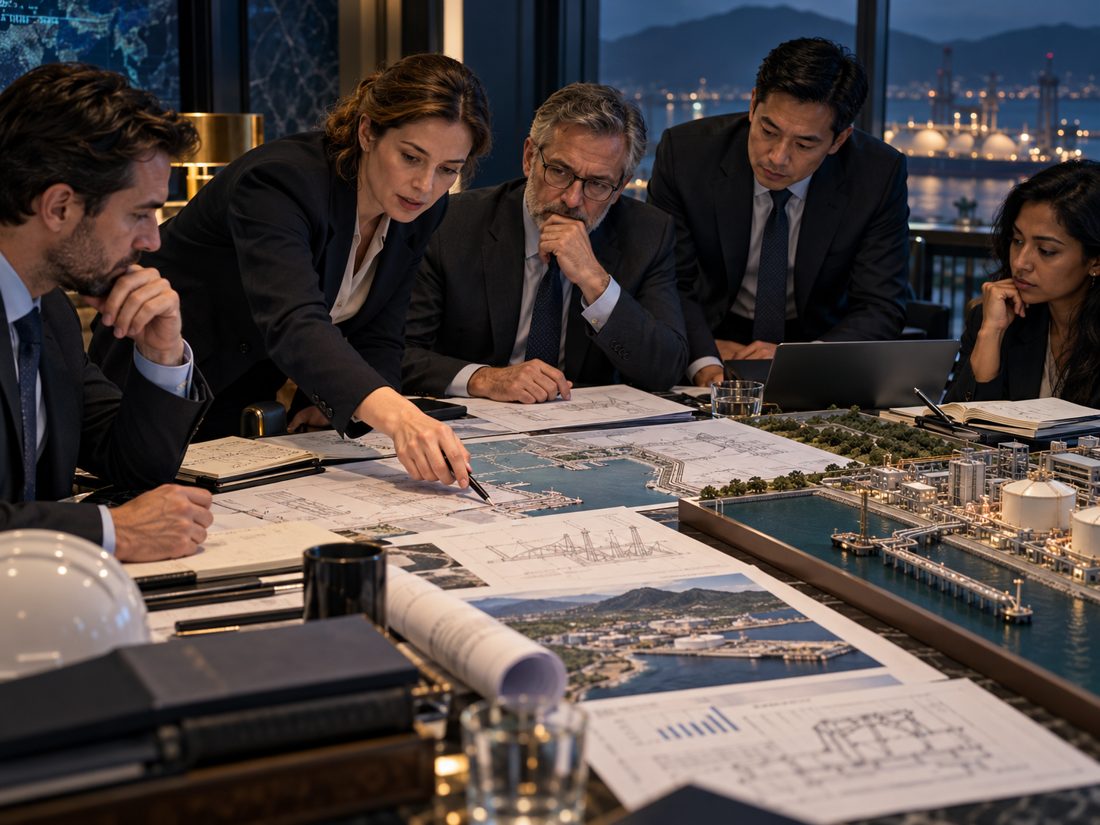 Finance specialists reviewing a proposed infrastructure project and its risks