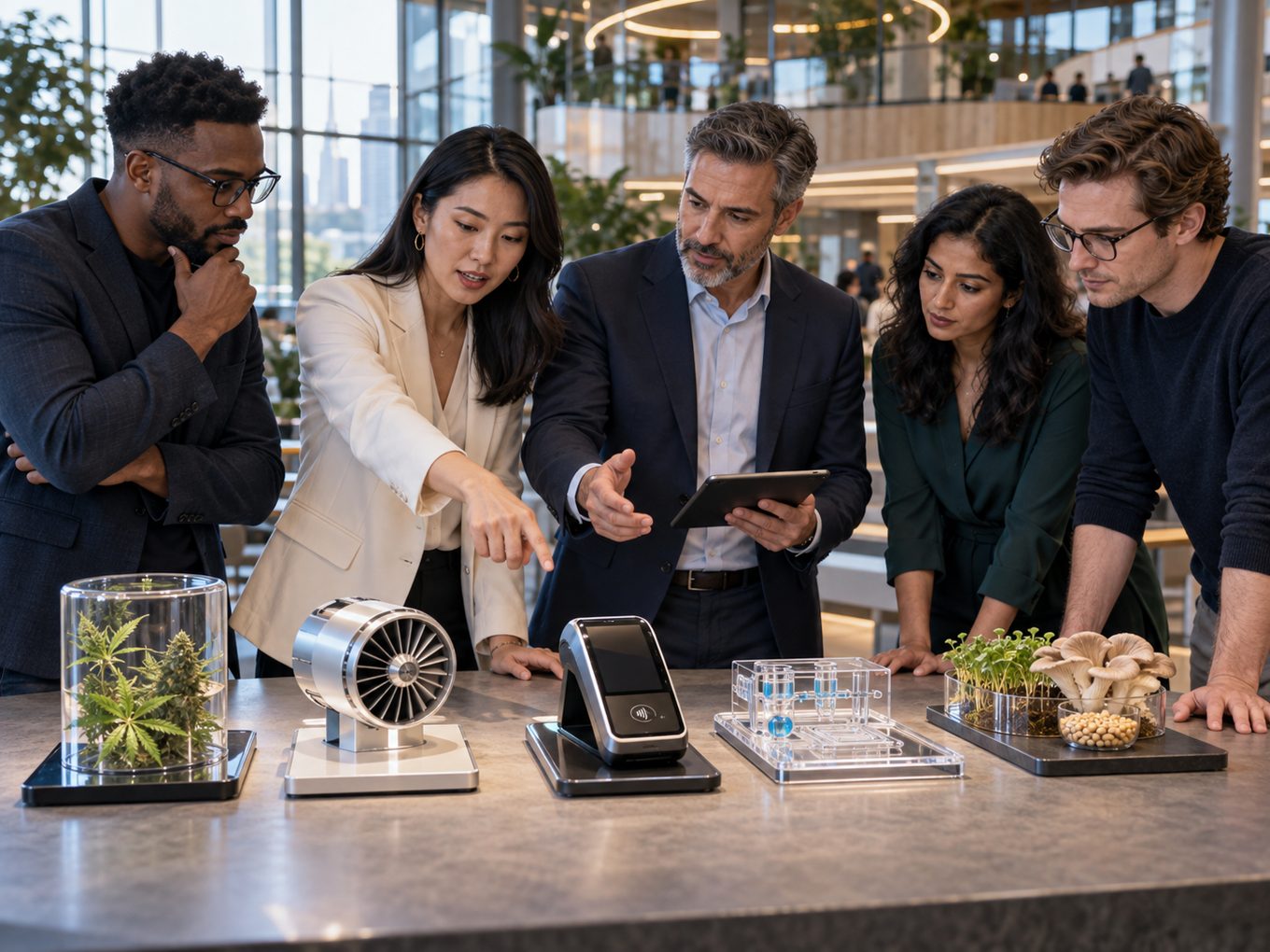 Founders and advisers evaluating prototypes from overlooked sectors including alternative agriculture, clean energy, financial technology, biotechnology, and food innovation