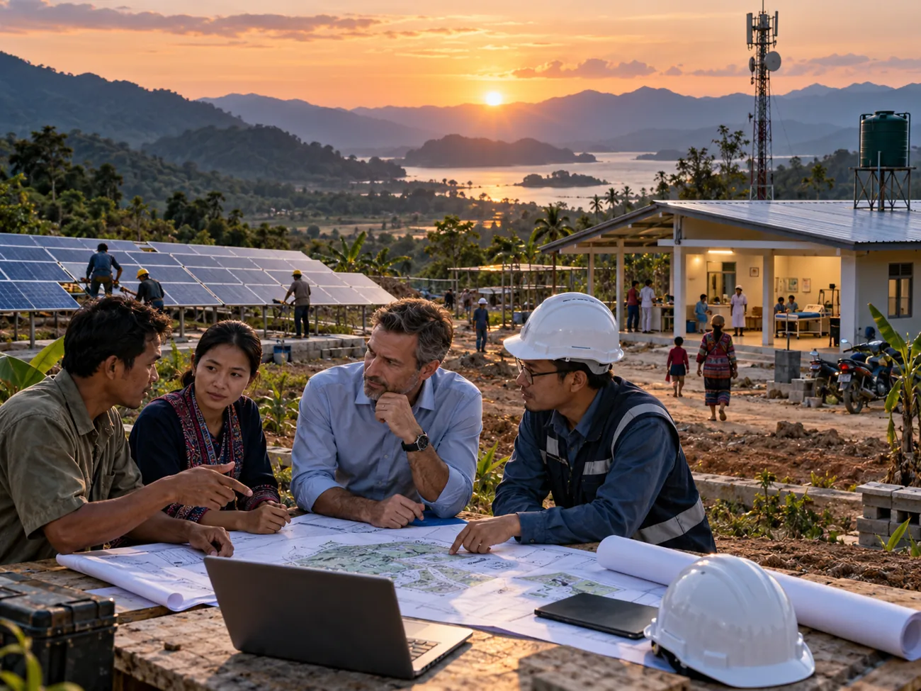 Local entrepreneurs and engineers planning a solar-powered rural health hub