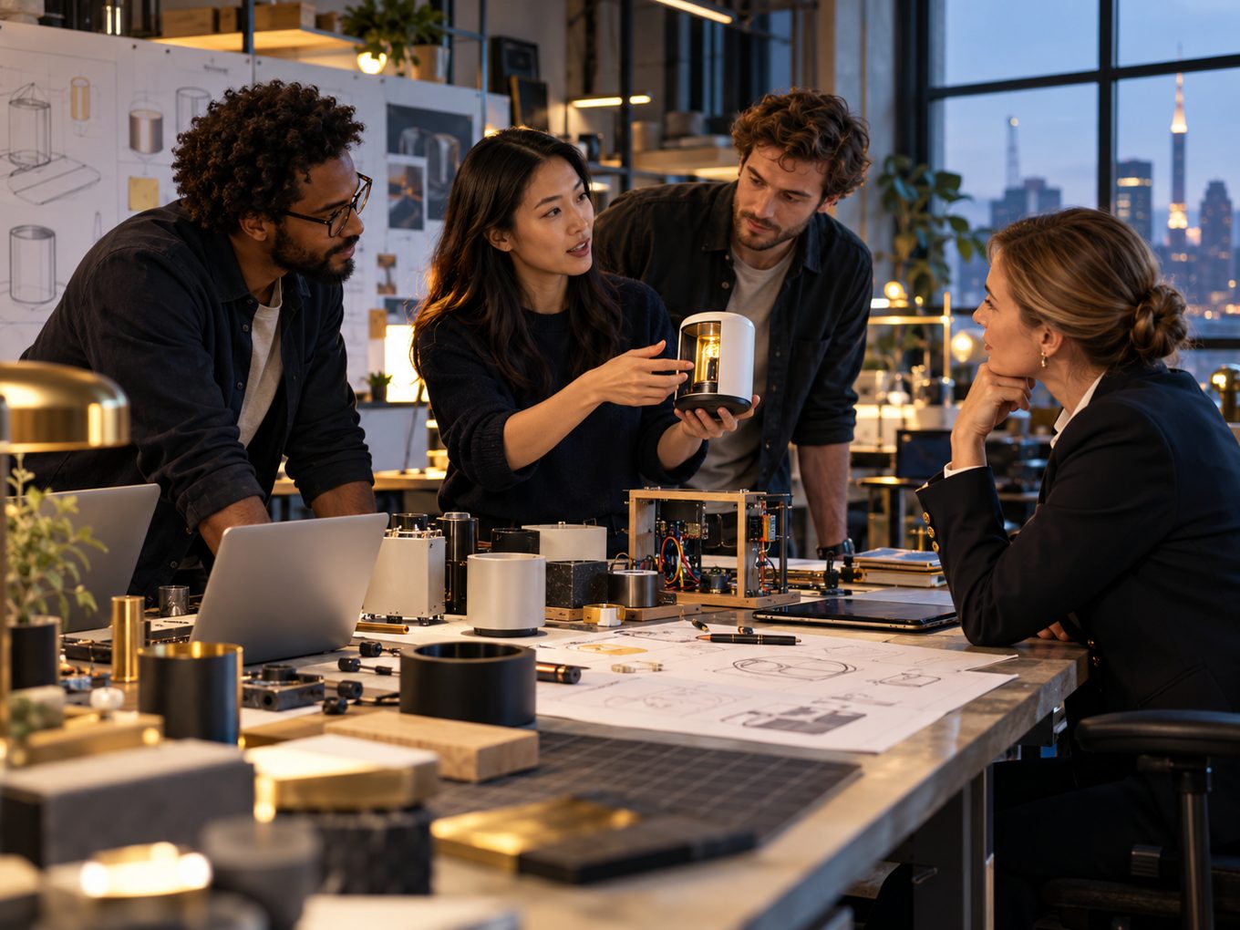 Startup founders presenting a working technology prototype to a financing adviser