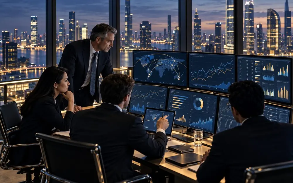 Business treasury team monitoring cash flow and currency exposure