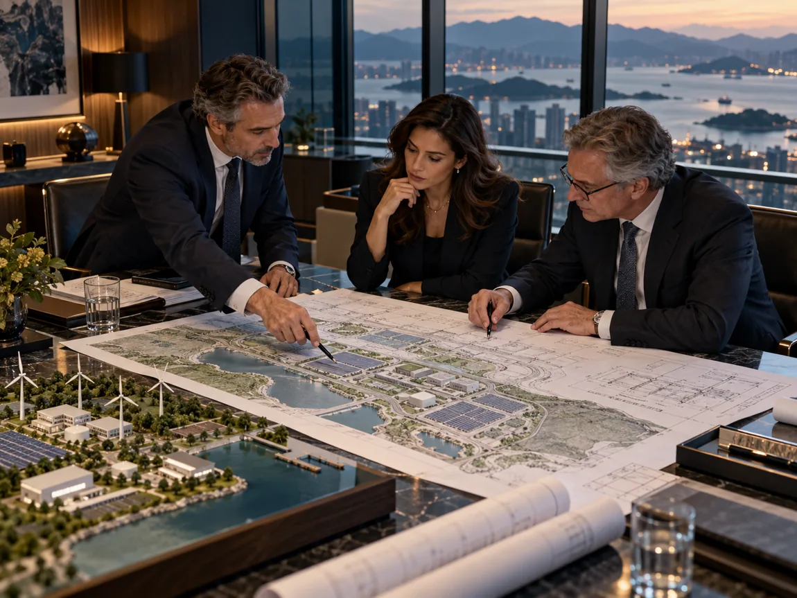 Entrepreneur and advisers assessing a detailed renewable energy project plan together