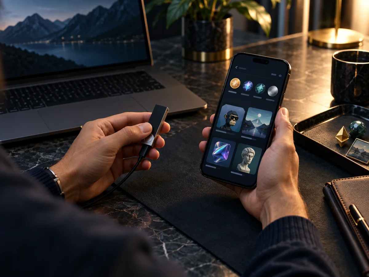 Customer using a hardware wallet alongside digital assets on a phone