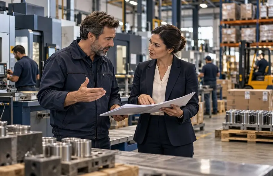 Banker and factory owner reviewing a business financing plan