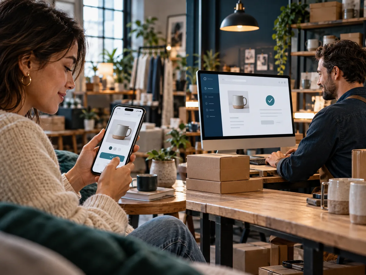 Customer paying on a phone while a merchant reviews the order